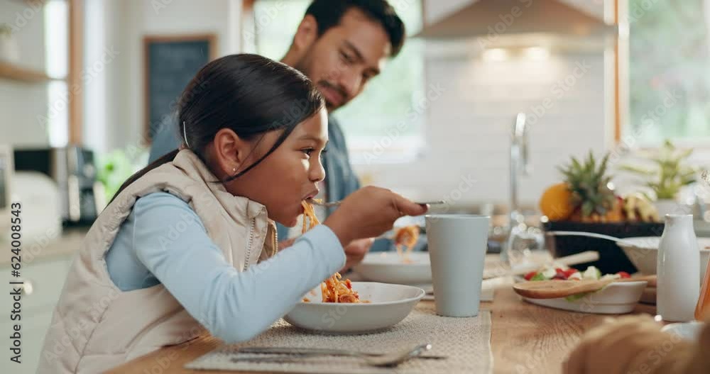 Food, family and prayer, hungry girl with parents at home and nutrition with excited child. Happy, bonding and man, woman and kid in kitchen eating spaghetti together, faith and gratitude with help Food, family and prayer, hungry girl with parents at home and nutrition with excited child. Happy, bonding and man, woman and kid in kitchen eating spaghetti together, faith and gratitude with help