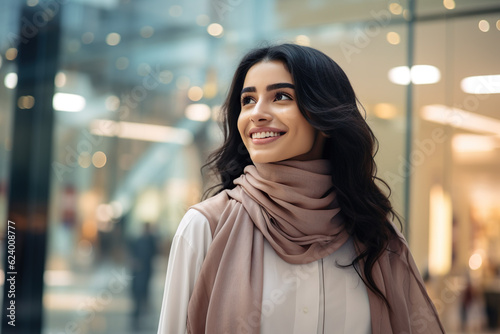 A trendy middle eastern woman in a busy modern shopping mall