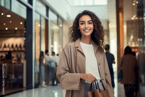 A trendy middle eastern woman in a busy modern shopping mall