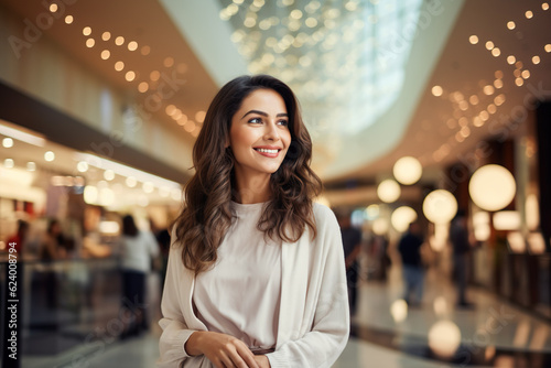 A trendy middle eastern woman in a busy modern shopping mall