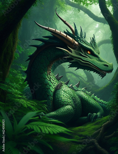 A mythical dragon in a mystical forest, generative ai. © spotlightstudio