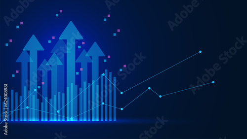 Financial graph growth of business, development progress and financial company statistic report with up arrows.