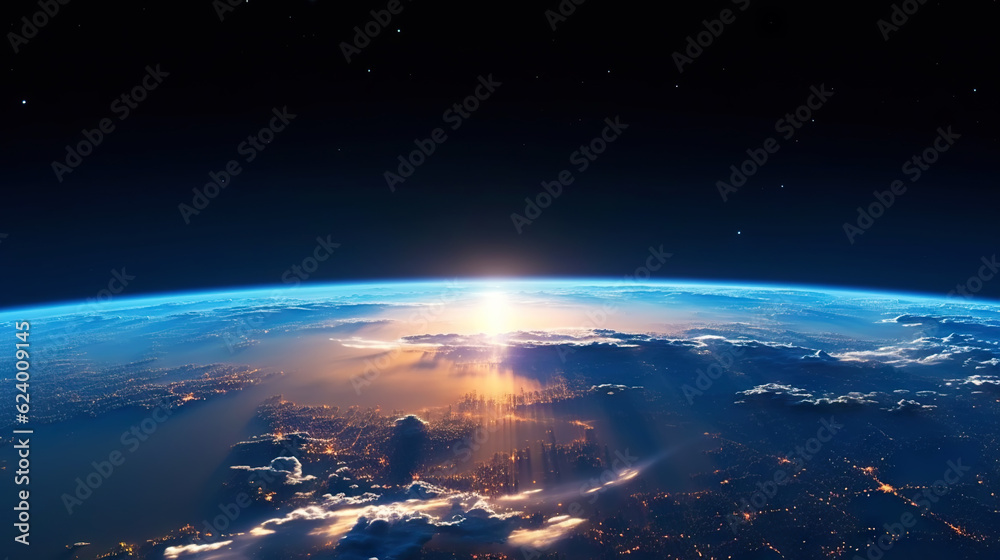 Panoramic view on planet Earth globe from space. Glowing city lights, light clouds. Generative AI