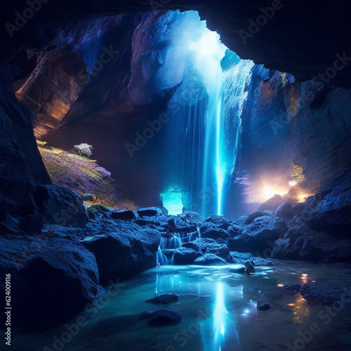 Fotografija A hidden underground cavern with glowing crystal, generative ai.
