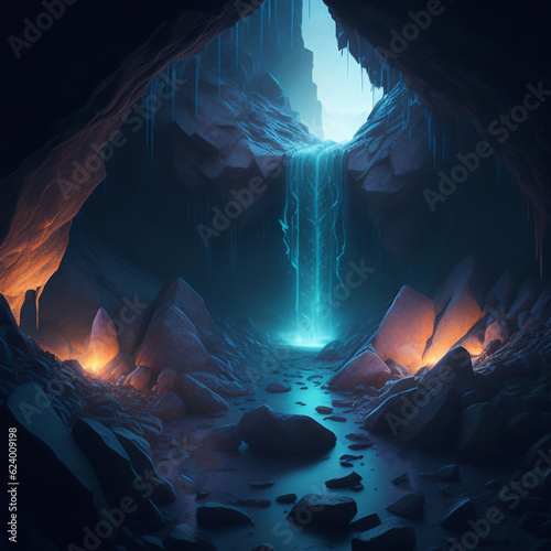 A hidden underground cavern with glowing crystal, generative ai.