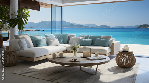 Luxury living room interior with white couch and seascape view Generative AI