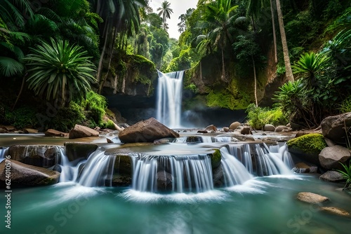 waterfall in the forest and mountains