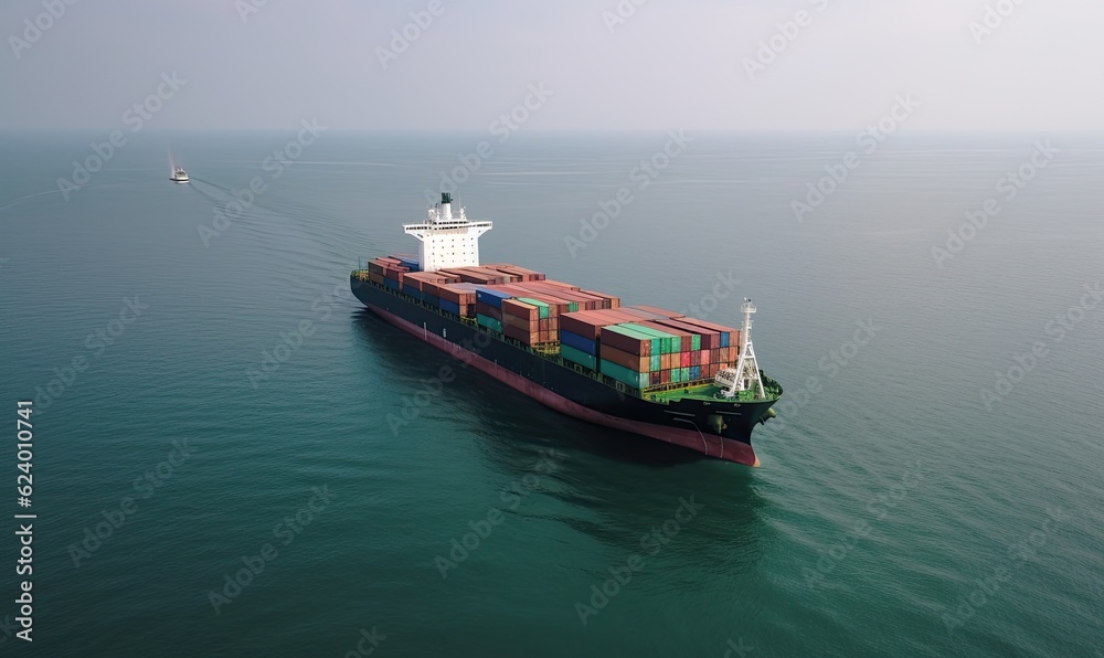 Drone shot of a large container ship crossing the ocean. Creating using generative AI tools