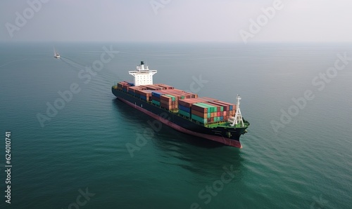 Drone shot of a large container ship crossing the ocean. Creating using generative AI tools