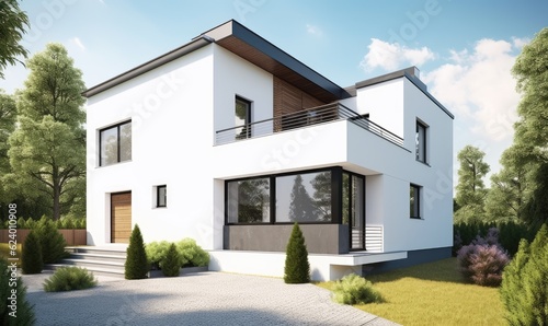 Clean and minimalist modern house isolated on white Creating using generative AI tools © uhdenis
