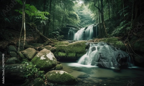 Breathtaking waterfall reveals its beauty in the secluded forest Creating using generative AI tools © uhdenis