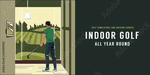 Indoor Golf Banner. Man Playing Golf on Simulator or Driving Range all year round. Golfer with the stick. Golf screen. Golf Room. Vector Illustration Banner. Vintage.
