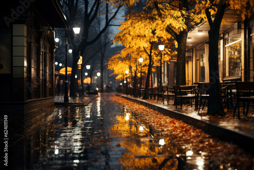 Autumn city landscape, orange golden foliage, fall wallpaper, AI Generated