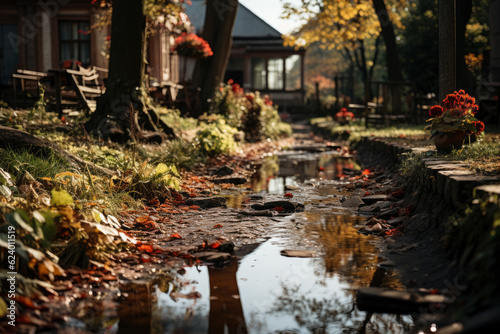 Autumn city rainy landscape  orange golden foliage  fall wallpaper  AI Generated