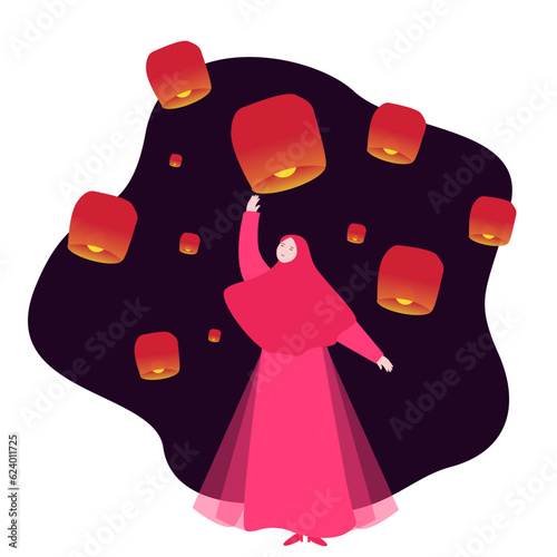 red lampion decoration traditional culture chinese festival carnival party and hijab girl in night sky lanterns