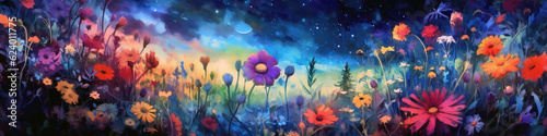 Mysterious background of white flowers in the night sky. Watercolor illustration. Generative AI