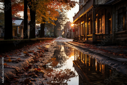 Autumn city rainy landscape, orange golden foliage, fall wallpaper, AI Generated