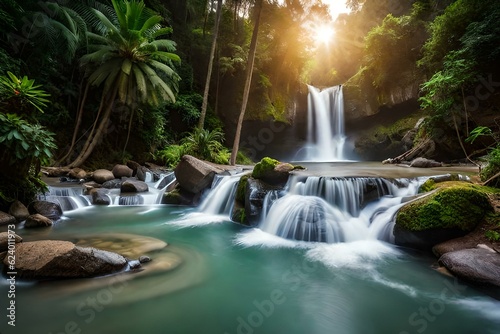 waterfall in the forest and mountains