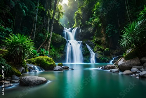 waterfall in the forest and mountains