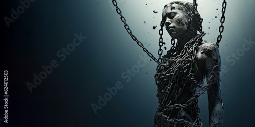 A human bound by chains, the constraints and limitations imposed on individuals, symbolizes oppression, lack of freedom, and emotional burdens that restrict their emotional liberation. Generative AI