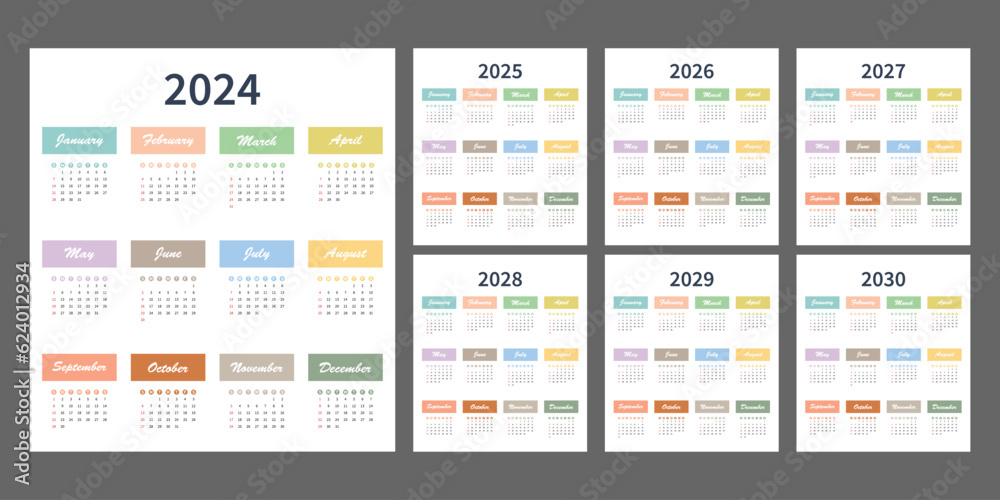 Calendar 2024, 2025, 2026, 2027, 2028, 2029, 2030 years. The week starts on Sunday. A simple annual template for pocket or wall-mounted calenders. Organizer's yearbook. English