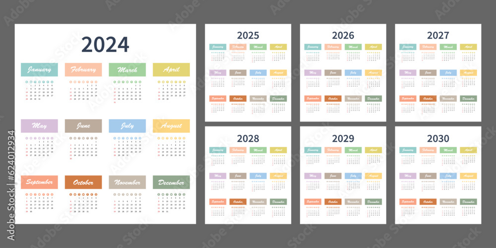 Calendar 2025, 2025, 2026, 2027, 2028, 2029, 2030 years. The week