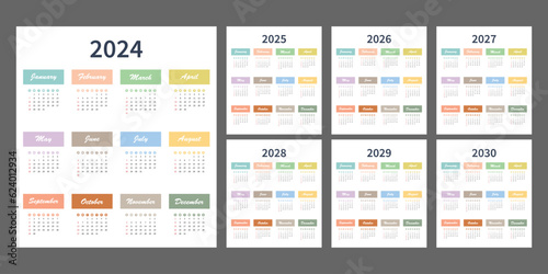 Calendar 2024, 2025, 2026, 2027, 2028, 2029, 2030 years. The week starts on Sunday. A simple annual template for pocket or wall-mounted calenders. Organizer's yearbook. English