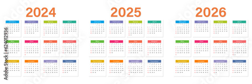 Colorful calendar 2024, 2025, 2026. Vector. The week starts on Sunday. Calendar layout. Stationery template with 12 months. Annual quadratic organizer, English.
