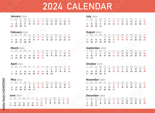 Calendar template for 2024. The week starts on Sunday. Diary planner , corporate and business calendar. Organizer. Monthly calendar. Daily planner.