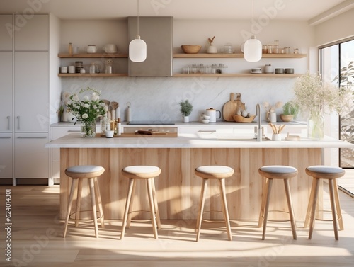 Interior design of kitchen with marble island and wooden stools generative ai