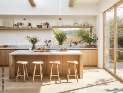 Interior design of kitchen with marble island and wooden stools generative ai