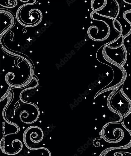 Elegant vector handwritten frame with linear curling pattern with leaves and stars 