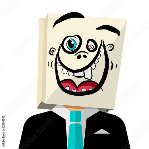 Man in suit wth paper bag on head with crazy smile - vector