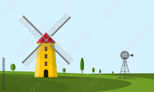 Windmill on field with trees - vector windmills