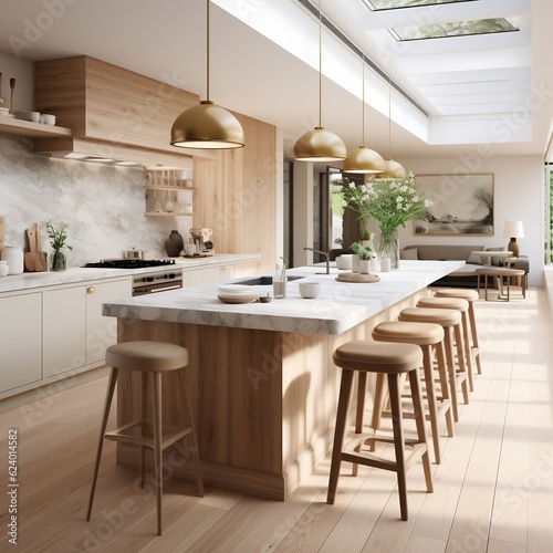 Interior design of kitchen with marble island and wooden stools generative ai