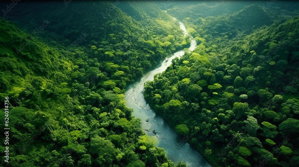 上空から見た熱帯雨林のジャングルと川　Generative AI