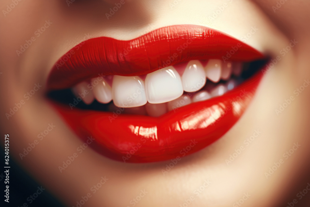 Obraz premium Close up view of beautiful person lips with red glossy lipstick. Open mouth with white teeth. Cosmetology or fashion makeup concept. Beauty studio shot. Generative ai