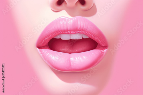 The close up of woman mouth shows the beautiful and sensual beauty of pink lips. Makeup and lip gloss are sexy and glamorous in detail. Generative ai Rose background, copy space