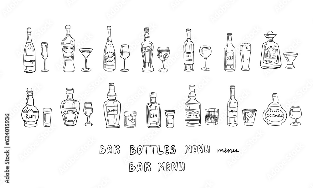 Trendy set of alcoholic bottles, glasses and lettering.  Alcohol cocktails. Champagne, beer, martini, wine, rum, tequila, cognac, and other.  Great for bar menu, banner. Vector EPS10. Doodle style.