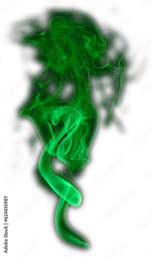 Whimsical swirls and shapes of smoke illuminated with green light. Flowing smoke from a burning incense stick. Isolate. Whimsical swirls and shapes of smoke illuminated with green light. Flowing smoke from a burning incense stick. Isolate.