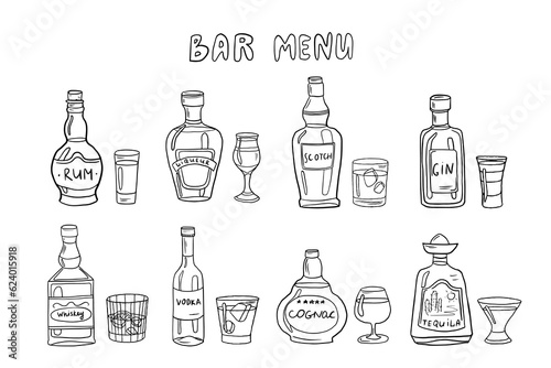 Big set of alcoholic bottles and glasses in doodle style. Rum, vodka, gin, liqueur, whiskey, scotch, cognac, tequila.  Great for bar menu, banner. Vector EPS10. Hand drawn.Isolated on white background