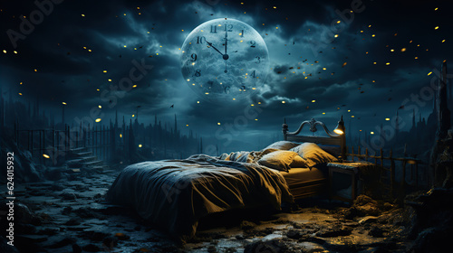 Insomnia. Moonlit sky, bed and clock. Created with Generative AI