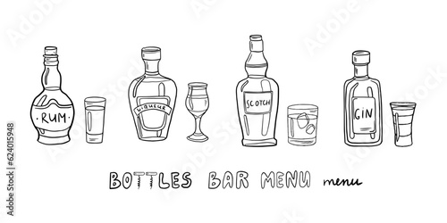 Vector set with alcoholic bottles, glasses and text hand drawn doodles. Rum, gin, scoth, liqueur.  Great for bar menu, restaurant menu, banner. Isolated on white. Vector illustration EPS10
