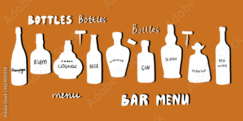 Big set of silhouettes of alcohol bottles and glasses in the style of doodles. Champagne, rum, gin, cognac, beer, tequila, red wine, scotch, white wine. Great for bar menu, banner. Isolated on orange