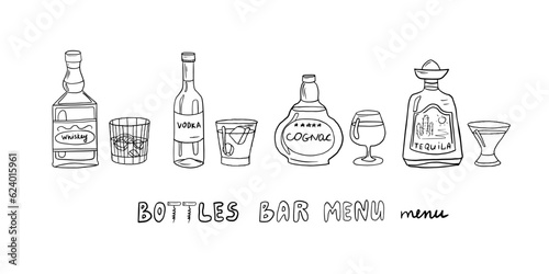 Vector set with alcoholic bottles, glasses and text hand drawn doodles. Vodka, cognac, whiskey, tequila.  Great for bar menu, restaurant menu, banner. Isolated on white. Vector illustration EPS10