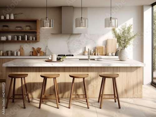 Interior design of kitchen with marble island and wooden stools generative ai