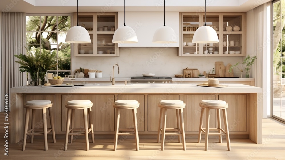 Interior design of kitchen with marble island and wooden stools generative ai