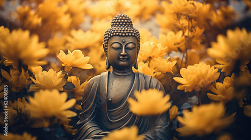 buddha statue in yellow flower field
