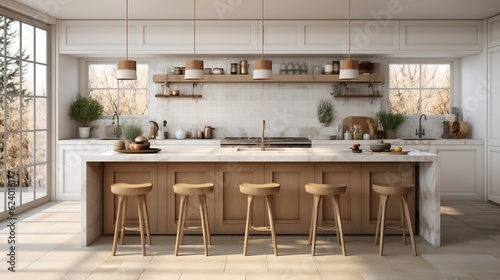 Interior design of kitchen with marble island and wooden stools generative ai