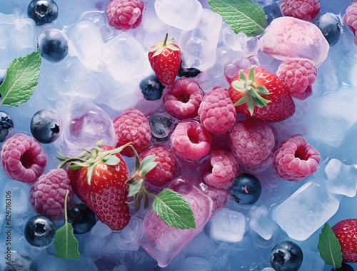 frozen blueberries, strawberries and raspberries with mint leaes in ice photo